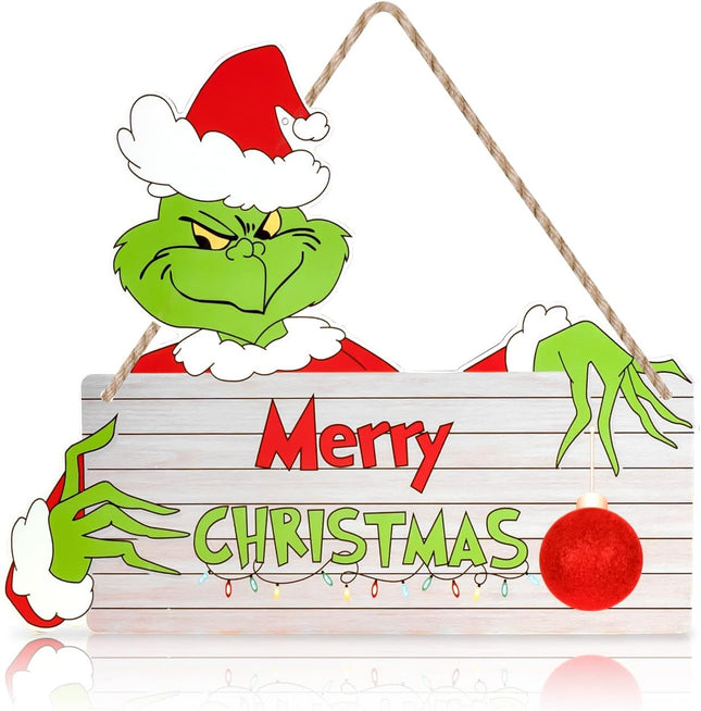 Grinch Christmas Decorations Hanging Sign,Door Decorative Signs for Front Door,Yard Porch Wall Window Kid's Room Decoration Supplies