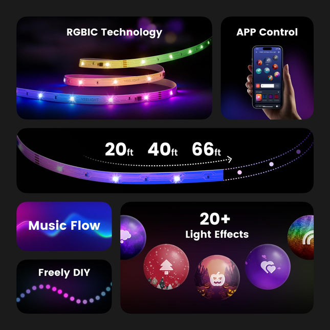 YEELIGHT Smart 66 Ft RGBIC LED Strip Light for Bedroom, 2 Rolls of 33 Ft, 360 LEDs, Music Sync, DIY Color Changing, Bluetooth Connected, APP Control, Room Decor/Christmas/Wedding/Halloween/Birthday