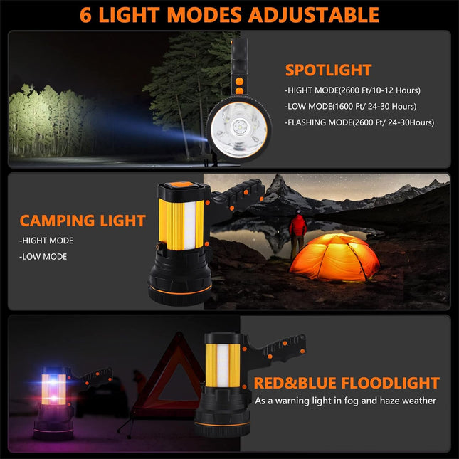 GEPROSMA Super Bright Most Powerful Cordless Handheld Spotlight High 6000 Lumens Rechargeable Big LED Flashlight, Large Searchlight Long Lasting Long Range