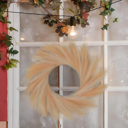 Pampas Grass Wreath, 26'' Faux Pampas Wreath for Front Door, Artificial Wreath for All Seasons, Boho Wall Decor, Farmhouse Pampas Grass Garland, DIY Fall Wreath Autumn Wreath (Beige and Brown)