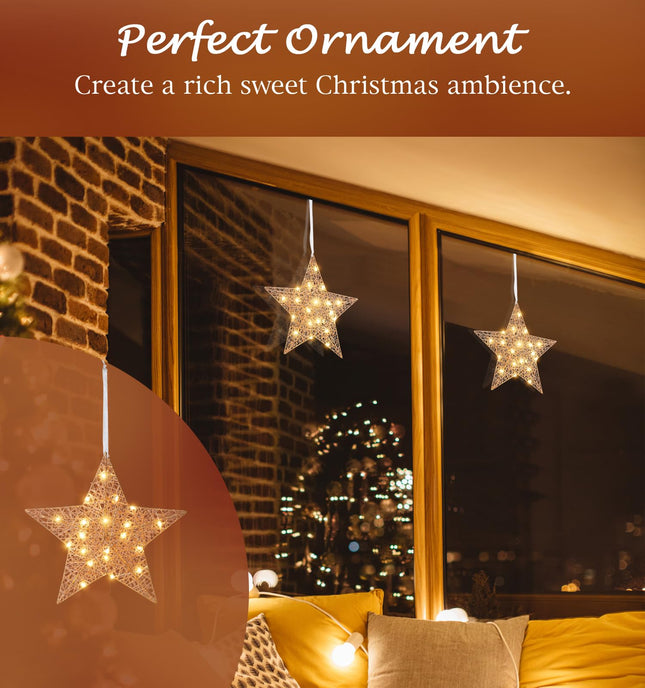 Lewondr Hanging Light Star Shape, 11.8 Inch Lighted Decorative Hanging Ornament, Battery Operated Iron Wire LED Decor Light for Xmas Holiday Room Home Party for Christmas, Timer Function, Rose Gold