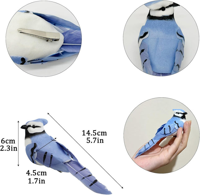 LWINGFLYER 2pcs Clip On Artificial Birds 5.5-Inch Realistic Blue Jay Feathered Bird Ornaments for Christmas Tree Wreath Crafts Seasonal Display Birdhouses Home Party Decor