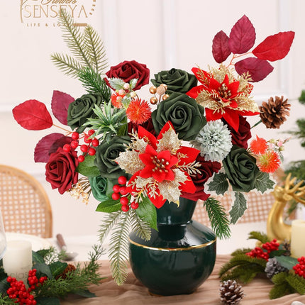 Senseya Artificial Christmas Flowers Poinsettia Combo Set, Mix Silk Flowers Fake Roses with Stems, for DIY Tree Ornaments Xmas Wreath Floral Arrangements Centerpieces Home Christmas Decorations