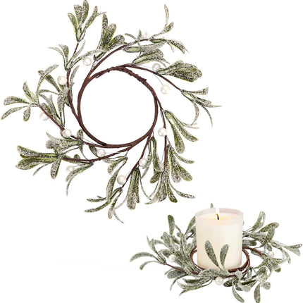 Christmas Mistletoe Candle Rings, 2 Pcs Pillar Candle Rings Wreaths Artificial Mistletoe Wreaths with Pearl Accents Country Primitive Candle Wreath for Winter Holiday Wedding Table Party Decor (White)