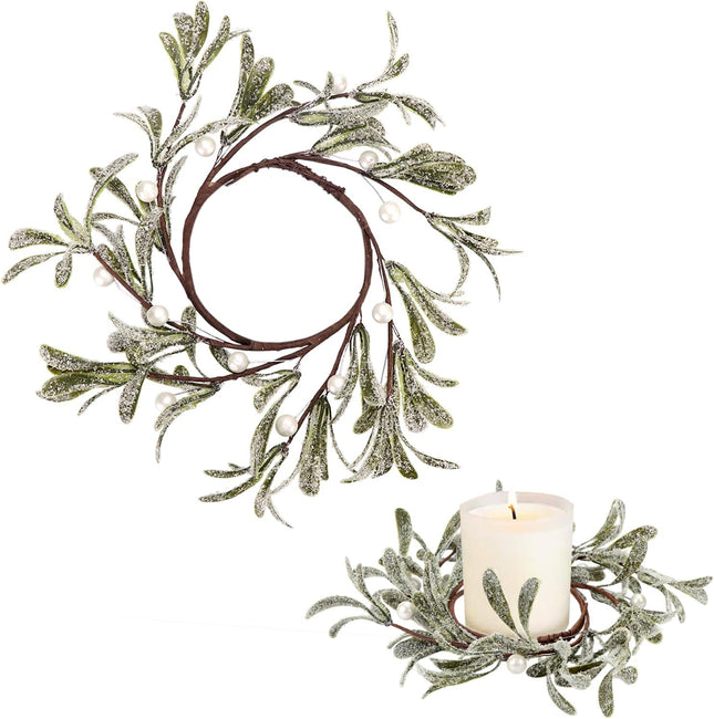 Christmas Mistletoe Candle Rings, 2 Pcs Pillar Candle Rings Wreaths Artificial Mistletoe Wreaths with Pearl Accents Country Primitive Candle Wreath for Winter Holiday Wedding Table Party Decor (White)