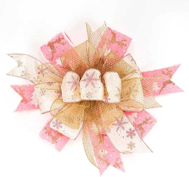 LaRibbons Pink Christmas Wired Ribbon, 2.5 Inch x 10 Yards Champagne Pink Snowflake Satin Ribbon for Tree Decoration,Wreath,Bows, Wrapping
