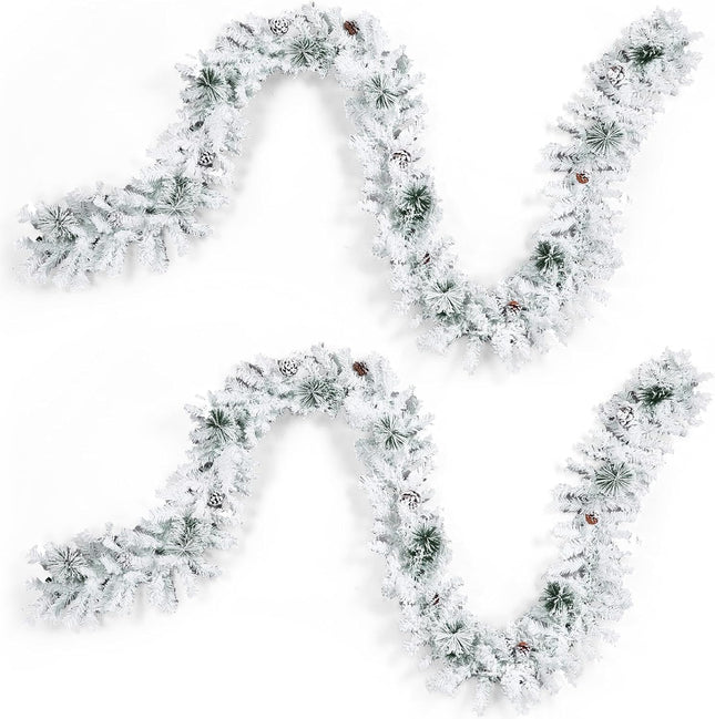 Riceshoot 9.84 Ft Flocked Christmas Garland Artificial Christmas Frosted Pine Garland Snow Cedar Garland for Xmas Winter Mantel Fireplace Table Centerpiece Background Hanging Decor(2 Pieces)