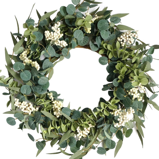 TEMPUS 20-inch Artificial Eucalyptus Leaf Wreath Spring Summer Green Leaves Wreath Front Door Wall Hanging Window Decoration Porch Farmhouse Patio Garden Decor Party Holiday Wedding Decoration