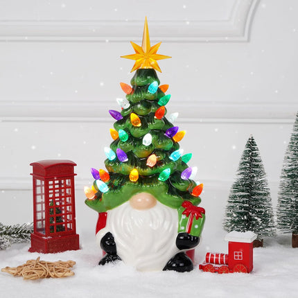 Ceramic Christmas Trees That Light Up Christmas Gnomes, 12" Gnome Christmas Tree with 46 Lights, Small Tabletop Christmas Tree Gnome Christmas Decorations for Home Room Fireplace (Green)