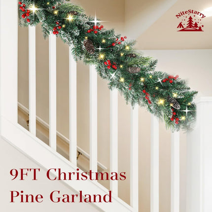 9 FT Prelit Christmas Garland with Lights, Battery Operated Lighted Garland with Pine Cones Red Berries, Christmas Decor Mantle Fireplace Indoor Outdoor Winter Decoration