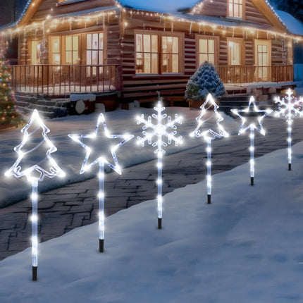 6 Pack Plug in Christmas Pathway Lights Outdoor Decorations with Timer,8 Modes White Xmas Snowflake Tree Star Waterproof Led Garden Stake Lights for Walkway Yard Lawn Porch Holiday Decor