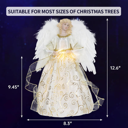 Christmas Angel Tree Topper, Gold Angel Treetop, 10-Light Angel Doll with Feather Wing for Indoor Outdoor Christmas Tree Decorations, Goddess Figurine Holiday Ornament(Gold)