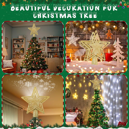 Christmas Tree Topper Lighted, Christmas Star Tree Topper with LED Rotating Snowflake Projector Lights, 3D Hollow Glitter Golden Star Projector for Christmas Tree Decorations Xmas s
