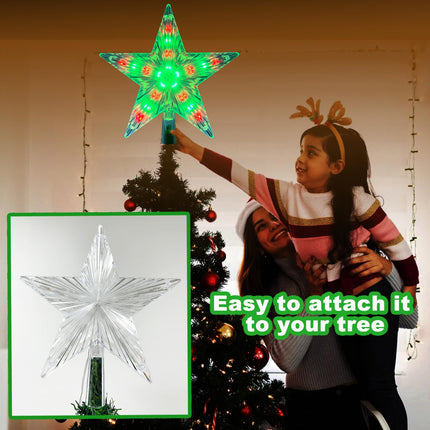 8.6" Christmas Tree Topper Star, RGB LED Lighted Star Tree Top w/Remote Control, 25 Light Modes, Speed, Timer, USB Plug in, Wire 16.4Ft Treetop for Xmas Holiday Party Decorations