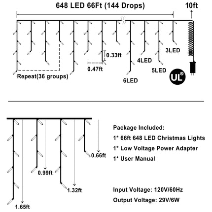 648 LED Outdoor Christmas Lights with 144 Drops, 66ft Christmas Fairy Lights with 8 Modes Timer, Christmas Twinkly Lights IP44 Waterproof for Eaves Yard Holiday Wedding Party Decor(Blue & Cool White)