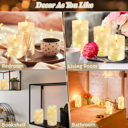 Palmatte 3PCS Fall Christmas Flameless Candles with Remote Timer String Lights 3D Flame, Electric Battery Operated Candles Flickering Fake Led Pillar Candles Fall Decorations for Home Table Room Decor