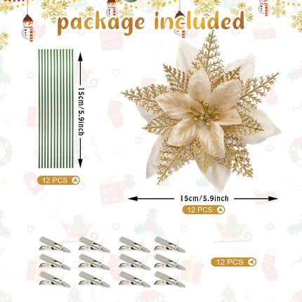 Glitter Poinsettia for Christmas Tree, 12 Pcs Artificial Christmas Flowers with Clips Stems Xmas Tree Ornaments for Wedding Party Wreath Decoration (Gold)