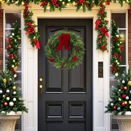Christmas Wreaths for Front Door, 24 Inch Large Outdoor Christmas Wreath with Berries Velvet Bow, Winter Artificial Cypress Wreath Xmas Wreath for Indoor Window Wall Fireplace Holiday Decor