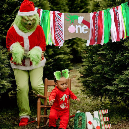 Christmas High Chair Banner, Girl Christmas 1st Birthday Sign Banner, Candy Cane Red, Green,Pink Highchair Garland with Hair Bow for Girls Christmas First Birthday, Photo Booth Props And Cake Smash