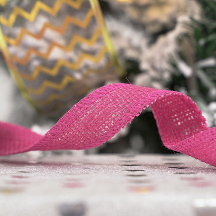 HUIHUANG Hot Pink Burlap Ribbon 1 inch x 20 Yards Natural Jute Burlap Ribbon for Wrapping Thick Burlap Ribbons for Crafts Christmas Wreaths Bows Rustic Home Decor Wedding Party Decor (No Wire)