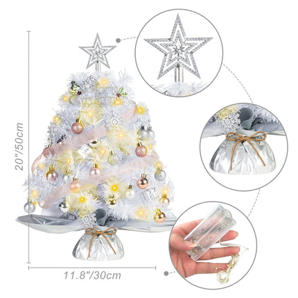 20" Mini White Christmas Tree, Artificial Mini Christmas Tree with Lights, Tabletop Christmas Tree with Star Treetop Snowflake Boxes and Ball Ornaments for DIY Christmas Decoration(White)
