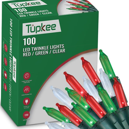 Christmas LED Random Twinkle Lights - 100 LED Red, Green, and Warm White Bulbs - 16 of 100 Lights Twinkle - Indoor Outdoor – 24.75 Feet Light String, Christmas Tree Holiday Decor Twinkling Lights