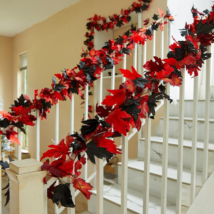 PARTY JOY 6PCS Black Red Leaf Garland, 5.6Ft Halloween Garland Artificial Maple Leaf Autumn Garland Hanging Fall Vines Table Decorations for Thanksgiving Front Door Decorations Fall Decor