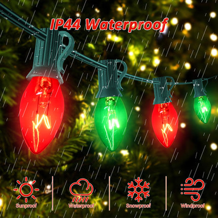 25FT C7 Red and Green Christmas Lights Outdoor, Christmas Decorations String Lights with 27 Red Green Clear Bulbs(2 Spare), Outdoor String Lights for Christmas Party Wedding Decoration, Green Wire