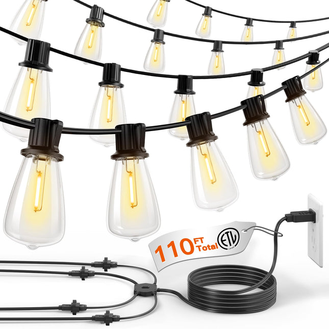 addlon 1-to-4 Extension Cord String Lights - 110FT Total (4x25FT String Lights + 10FT), 52 ST38 LED Vintage Bulbs, Single Plug for Easy Setup, Outdoor Christmas Lights for House Backyard Garden Tree