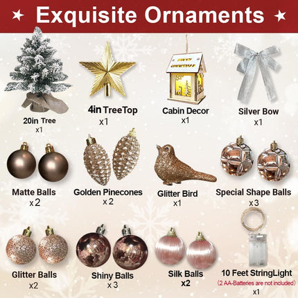 Mini Christmas Tree 2ft Tabletop Small Christmas Tree, Table Top Artificial Snow Flocked Arbol de Navidad Xmas Tree with 18 Christmas Decorations for Home Apartment Office Desk