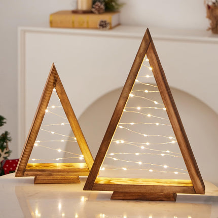 2 Pack Wood Tabletop Christmas Trees with Lights, Christmas Decorations Indoor, Modern Farmhouse Christmas Decor Small Trees for Table, Mantle, Shelf (13.4" and 10" Tall)