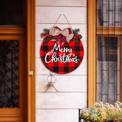 Merry Christmas Wood Sign Christmas Decoration Hanging Sign Christmas Wall Decor Rustic Wooden Plaid Wreath Christmas Decor Wood Round Yard Sign Farmhouse Christmas Front Door Sign