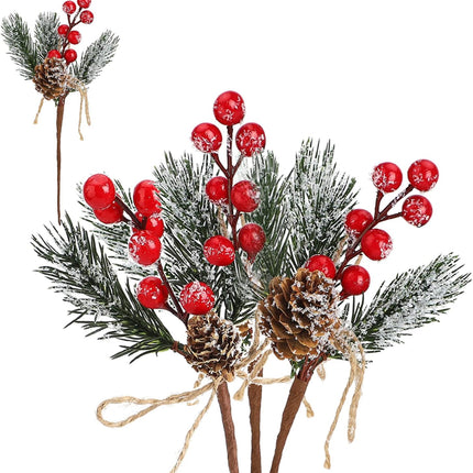 GREENWISH 10Pcs Christmas Pine Cone Picks Decorations, Christmas Red Berry Stems Wreath Picks Holly Spray for Winter Decoration Holiday Crafts, Xmas Decorations