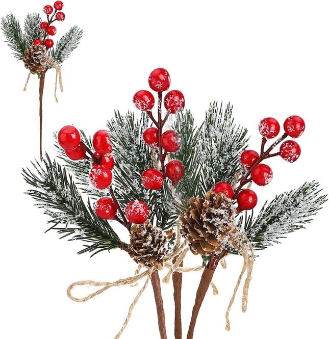 GREENWISH 10Pcs Christmas Pine Cone Picks Decorations, Christmas Red Berry Stems Wreath Picks Holly Spray for Winter Decoration Holiday Crafts, Xmas Decorations