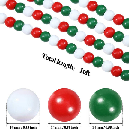 16 Feet Christmas Wooden Bead Garland Christmas Wood Bead Garland Decor Xmas Candy Cane Decoration Farmhouse Rustic Bead Tree Decoration for Holiday Party(Mixed Red, White, Green)