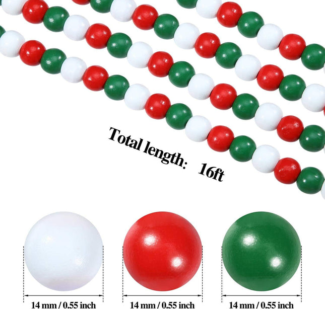 16 Feet Christmas Wooden Bead Garland Christmas Wood Bead Garland Decor Xmas Candy Cane Decoration Farmhouse Rustic Bead Tree Decoration for Holiday Party(Mixed Red, White, Green)