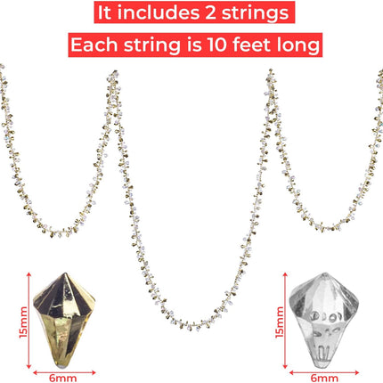 Klikel Christmas Clear Iridescent and Gold Bead Garland, Large Twist Bead String for Christmas Tree 10-feet - Set of 2 Pieces