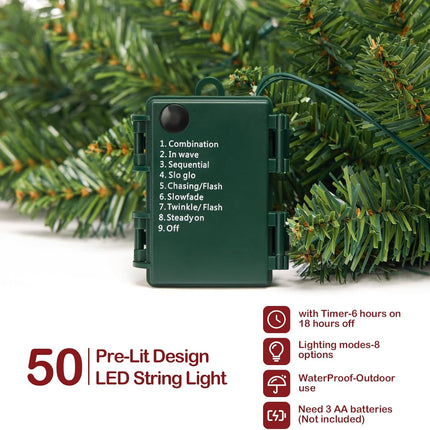 2 Pack 9FT Prelit Christmas Garland Artificial Pine Garland Decoration 50LED Battery Operated Warm Lights and Timer Xmas Garlands Decor Indoor Outdoor (Classic Green)