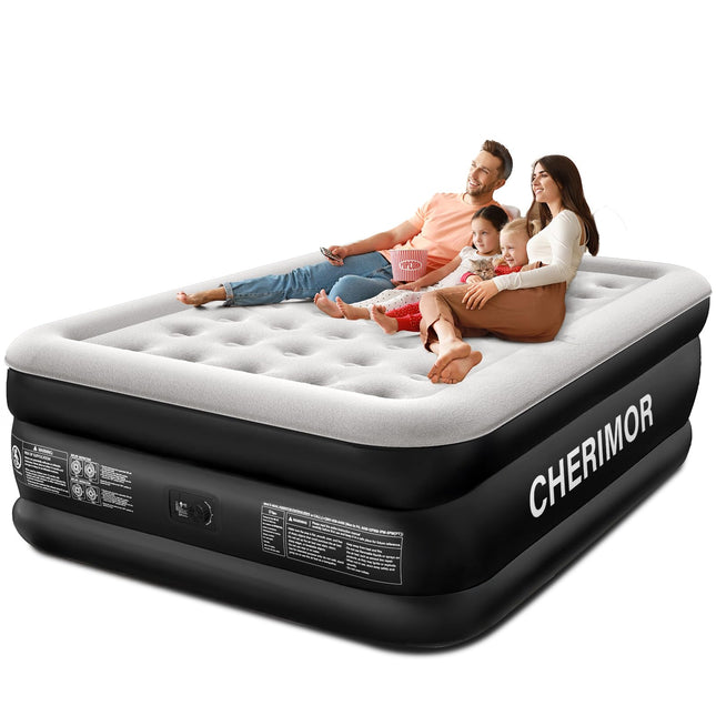CHERIMOR Queen Air Mattress with Built-in Pump, 18" Raised Comfort, 48Hr Leak-Proof Test, Upgraded Honeycomb Pillar Design, Supports 800 lbs, 3-Min Inflation-Inflatable Bed for Home Guests & Camping - Color: Black - Size: Queen 18in