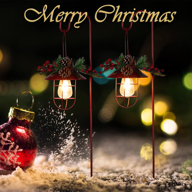 2Pack Solar Christmas Metal Hanging Lanterns with Shepherd Hook Outdoor Led Garden for Christmas Decorations