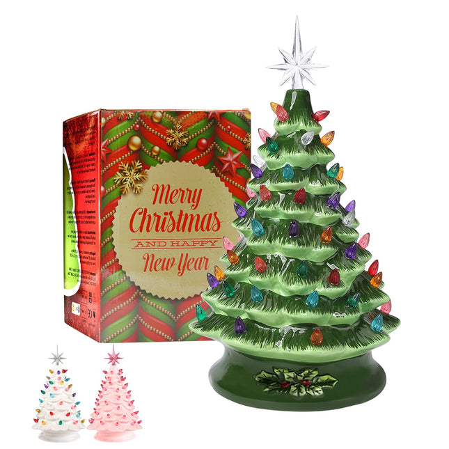 Ceramic Christmas Tree Decorations 13 Inch Table Decoration Winter Tree Aesthetic Room Home Decor with Star Topper Vintage Christmas Decor s for Family Friends(Green)