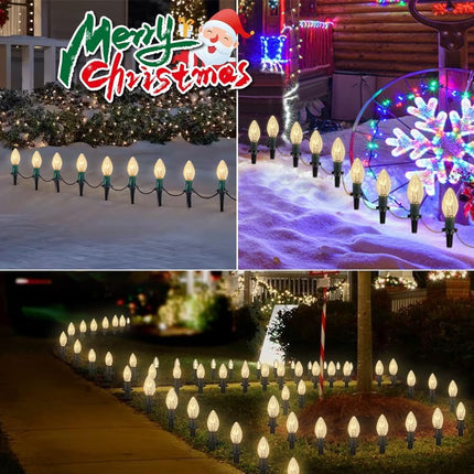 C9 Christmas Pathway Lights, 38FT Clear Christmas Pathway String Lights with 25 Incandescent Bulbs and Stakes for Outdoor Walkway Driveway Backyard Christmas Decorations, Warm White