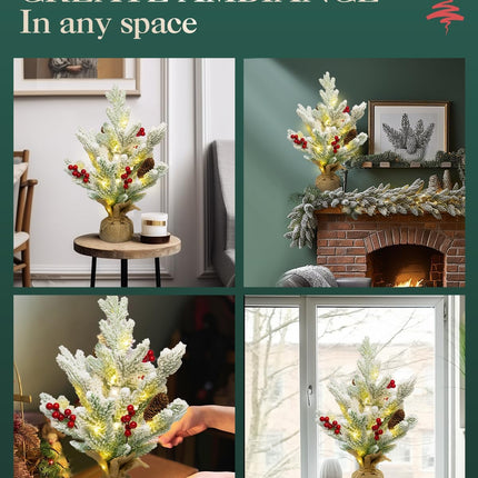 2 Pack Mini Table Christmas Trees - Battery Operated Flocked Holiday Décor for Indoor Rooms Decoration w/Red Berries, Pine Cones, 18inch