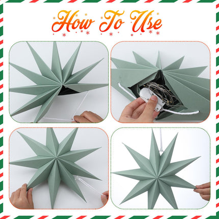 Riakrum 10 Set Christmas 3D Paper Star Lantern Sage Green Hanging Paper Lanterns Lampshade 24 Inch 12 Inch 9 Pointed Paper Star Lantern with Light String for Xmas Wedding Birthday Party Decor