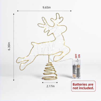 Light Up Reindeer Christmas Tree Topper, Metal Gold Glittery Elk Tree Topper with 25 LED Warm Lights, Battery Operated Cute 2D Deer for Unique Christmas Tree Decoration, Centerpiece