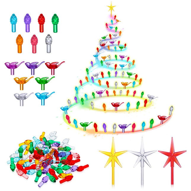 203 Pcs Replacement Light Bulbs for Ceramic Christmas Tree Ceramic Christmas Tree Lights Plastic Light up Bulbs Medium Bird Star Twist Bulbs Decorations for Ceramic Christmas Tree, Multi Colors