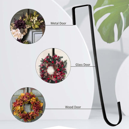Molain 2 Pack 12 Inch Wreath Hanger Hooks, Black Over Door Hanger for Front Door Metal Wreath Holder, Wreath Door Hanger Clothes Towel Hanger Hooks Halloween Christmas Easter Wreath Hanger(Black)