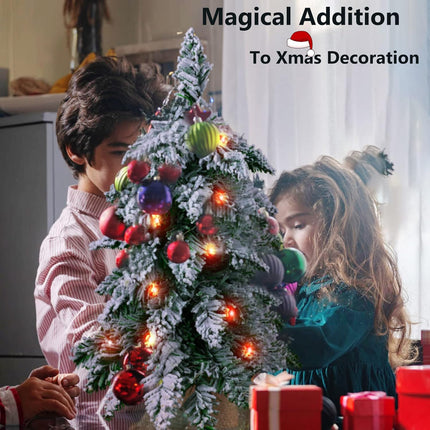Small Christmas Tree with Lights, Prelit Mini Artificial Christmas Tree for Tabletop Decorations, Snow Flocked, Battery Operated Table Xmas Tree for Bedroom, Office, Small Spaces, 18 inch