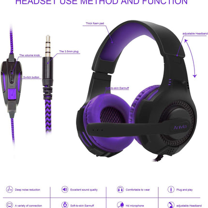 Anivia Computer Wired Over Ear Headphones Updated AH68 Stereo Surround Sound Headsets Gaming Headset with HD Mic, Volume Control, Noise Isolating, Bass, 3.5mm Audio-Jack for Multi-Platforms, Purple