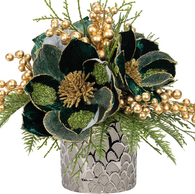 12 inch Green Christmas Table Centerpiece 5" Glitter Magnolia Flower and Golden Berries Fir Greenery Artificial Christmas Floral Centerpiece in Ceramic Pot Christmas Tabletop Arrangement Decor